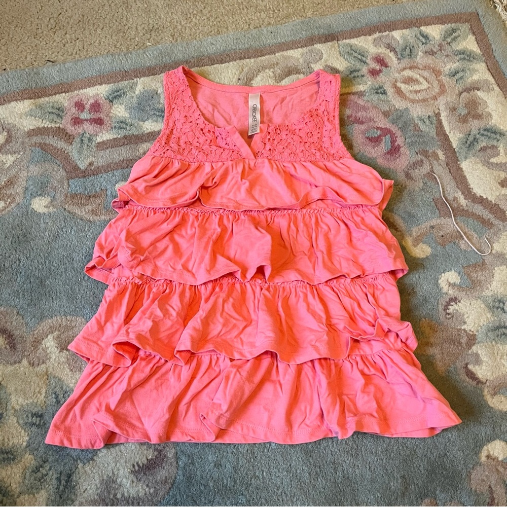 Pink Cherokee girls ruffle tank top with floral lace detailing on the top